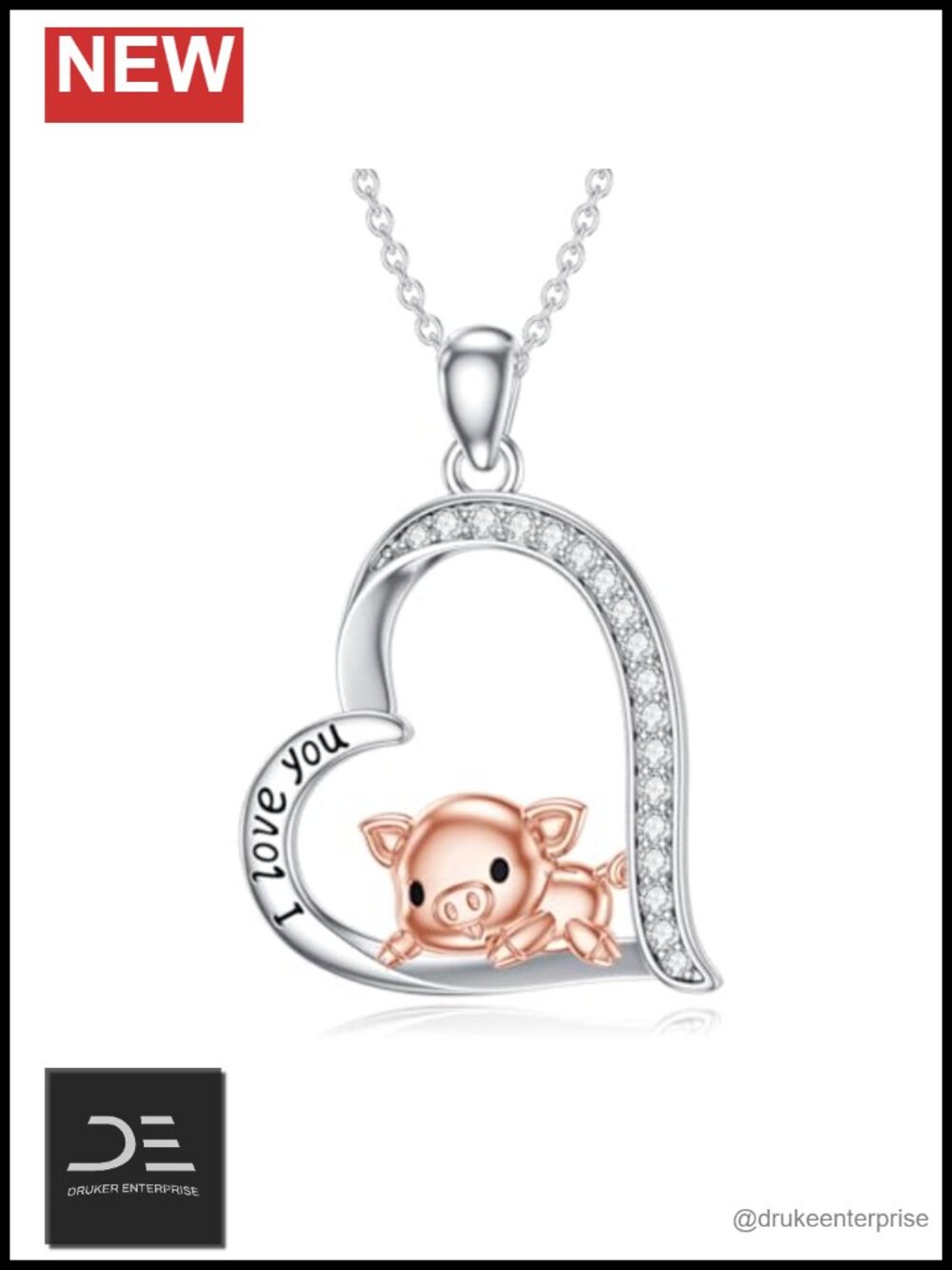 Sterling Silver Pig Heart Pendant Necklace with CZ, 925 Silver Jewelry